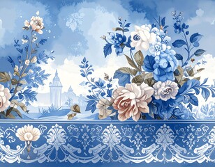 Blue floral border with landscape