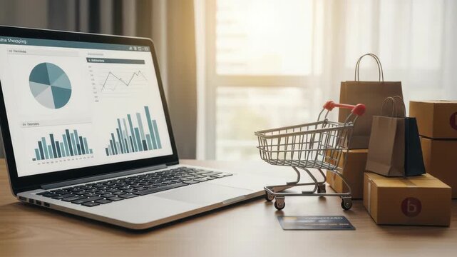 Laptop with detailed data charts miniature shopping cart credit card paper shopping bags and cardboard delivery boxes on wooden desk symbolizing online commerce and logistics