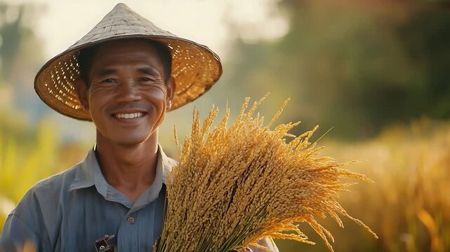 Asian farmer smiling holding rice in a field.