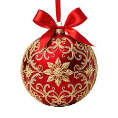 Red Christmas ornament with gold floral design and a ribbon hanging
