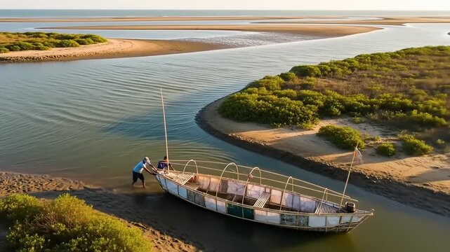 Aerial view of a boat stranded on a riverbank at sunset.