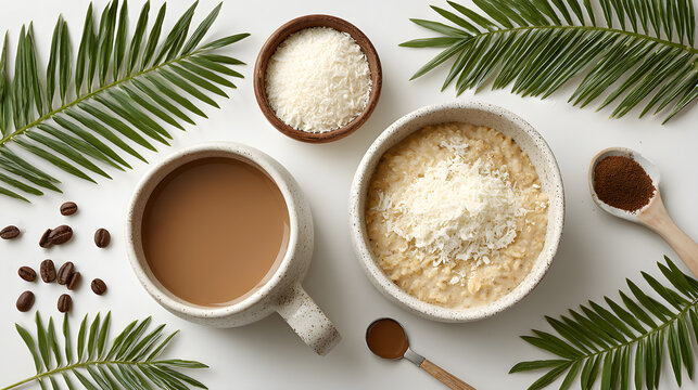 A tranquil top-down shot of a wholesome breakfast spread