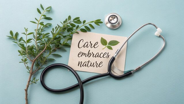 Care Embraces Nature: A Stethoscope, Greenery, and Inspiring Message on a Soft Blue Background
