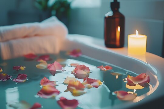 Luxurious Rose Petal Bath Tranquil Spa Experience Soft Candlelight Serene Ambiance Romantic Escape - Powered by Adobe