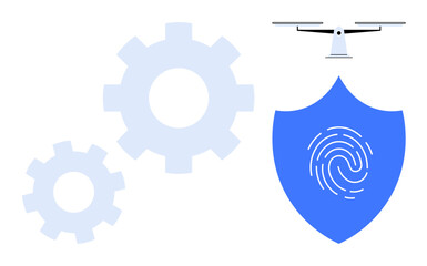 Gears and drone represent innovation and automation, shield with fingerprint adds cybersecurity theme. Ideal for technology, automation, security, innovation, data protection, digital transformation