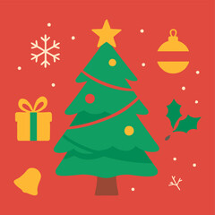 Flat Christmas vector design with green tree, gift box, bell, holly leaves, and snow on a bright red background. Perfect for greeting cards, banners, and holiday promotions