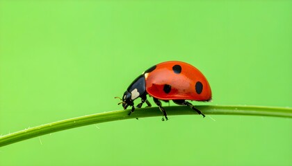 Close-up macro shot of a bright red ladybug with black spots crawling on a vibrant green blade of grass