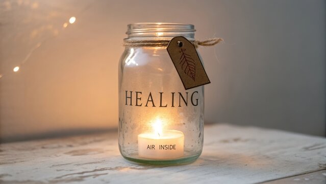 Soothing Candle in Glass Jar with Healing Label and Soft Glow for Relaxation and Wellness Ambiance