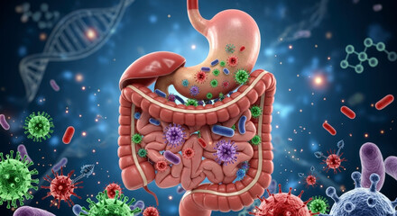Human digestive system with colorful microbiota.