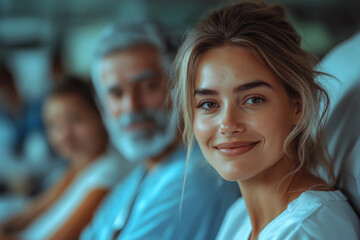 Woman smiles brightly in the hospital setting.