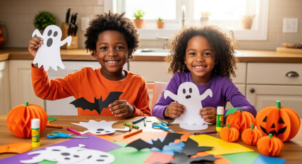 Black kids at home with friends having fun making Halloween decorations together.	