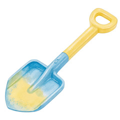 Watercolor toy shovel with yellow handle and blue isolated on a transparent background