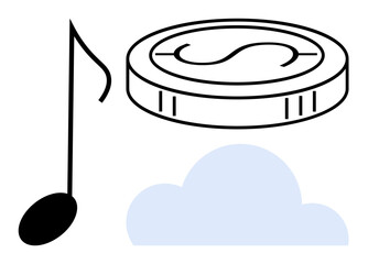Musical note with coin featuring dollar sign above cloud visualizes themes thumbs up digital music, monetization, streaming, cloud storage, innovation, finance, and creativity. Simple flat metaphor