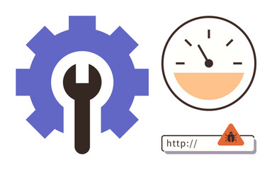 Gear with wrench, gauge indicating measurement, and error warning icon in URL bar. Ideal for technology, diagnostics, web development, performance, troubleshooting, maintenance problem solving