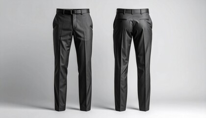 Stylish black business trousers for men, presented in a front and back view mockup on a clean grey studio background