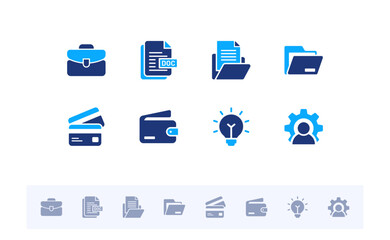 Office and Business solid icon set. Includes teamwork, meeting, startup, management, profit, and success fill icons. Vector flat design collection