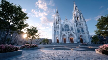 Majestic White Cathedral with Twin Spires Under Blue Sky at Daytime with Trees and Plants and Sunlight Flare Landscape