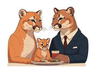 anthropomorphic cougar family dressed in human clothes enjoying a meal together at a table.