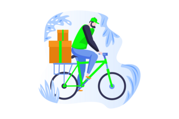 Delivery Man on Green Bicycle with Cardboard Boxes Against Transparent Background Digital Illustration Transportation Concept