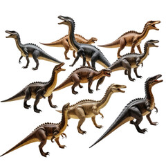 Group of small, bipedal dinosaurs in various earth tone colors