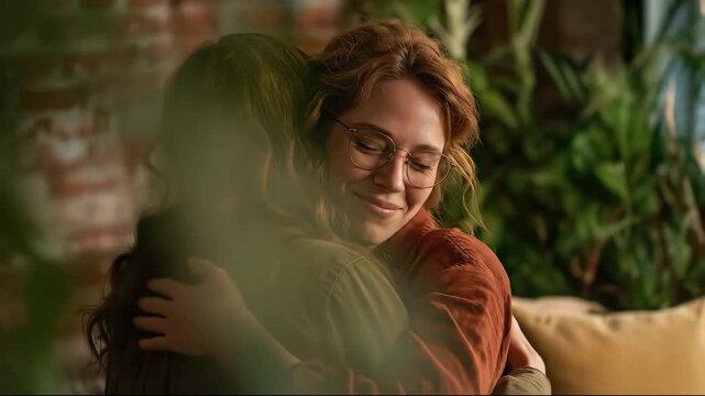 A women hug friendship smile glasses casual indoor setting with green plant and brick wall, warm emotional connection happiness comfort cozy atmosphere natural light expressed