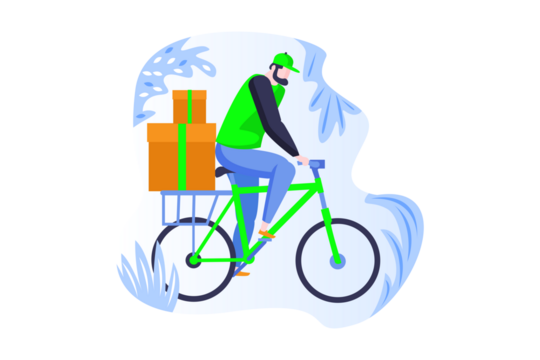 Delivery Man on Green Bicycle with Cardboard Boxes Against Transparent Background Digital Illustration Transportation Concept