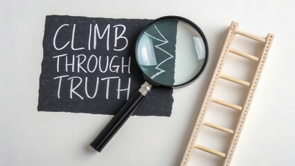 Inspirational Concept of Climbing Through Truth with Magnifying Glass and Wooden Ladder on Slate Background