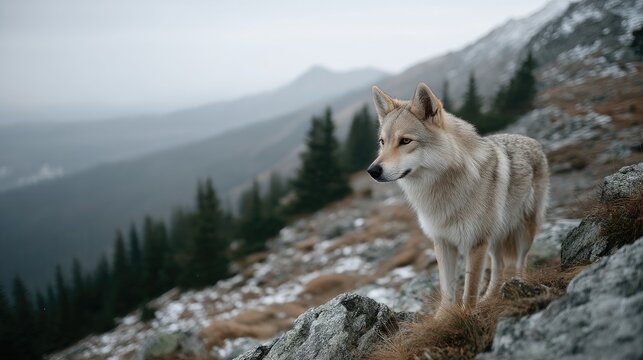 Majestic Coyote Standing on Rocky Terrain with Snowy Mountain Background Under Cinematic Lighting Conditions