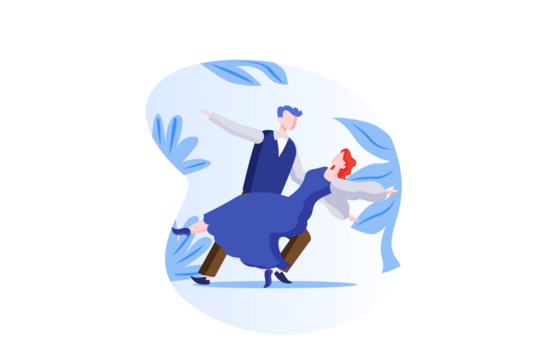 Digital Artwork of Dancing Couple in Flowing Blue Outfits Surrounded by Stylized Blue Leaves on Transparent Background