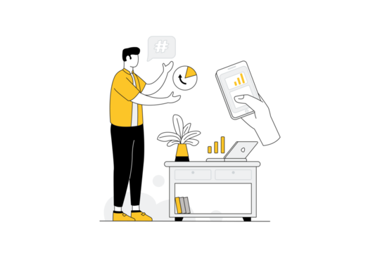 Digital Illustration of a Man Interacting with Data on Transparent Background in a Workspace Setup with Table Gold Coins and Small Potted Plant - Powered by Adobe