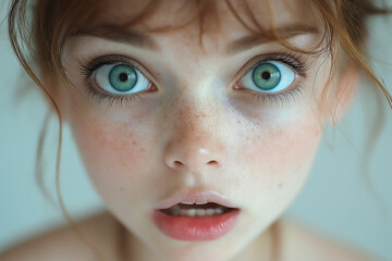 Young girl with wide eyes staring directly at the camera with surprise.