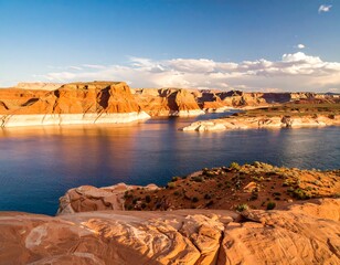 Panoramic view of a lake and canyons