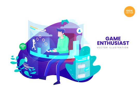 Digital Gamer with Neon Blue Purple Hues and Pixelated Style Isolated on White Background Gaming Concept with Controller in Hand