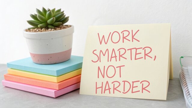 Motivational Quote About Productivity with Succulent Plant and Colorful Notepads on Office Desk