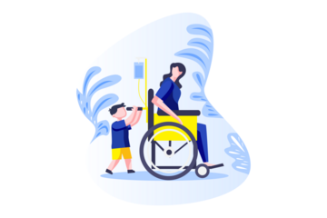 Disabled Person in Wheelchair with Boy Holding Telescope Illustration on Transparent Background Medical Care Patient Assistance Concept Design