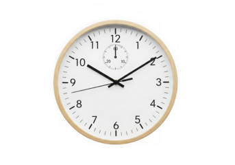 Round wall clock with wooden frame isolated on transparent background