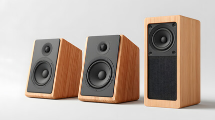 Three modern wooden speakers are displayed