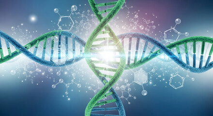 Colorful DNA helix with molecular background.