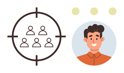 Target audience symbol inside a focus circle alongside smiling man portrait. Ideal for marketing, recruitment, customer acquisition, focus groups, analytics, networking, and digital strategies. Clean