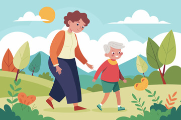 Grandparent and child enjoying a walk in nature