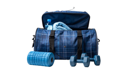 Blue plaid duffel bag with fitness accessories isolated on transparent background