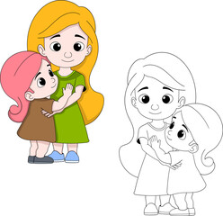 Mother and Daughter Hugging Cute Mothers Day Illustration