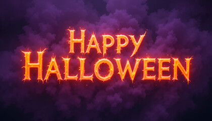 Flaming happy halloween text with dark purple smoke for spooky celebration