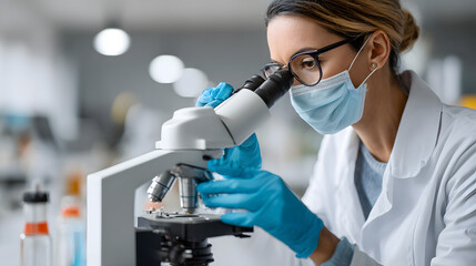 a focused scientist analyzing a sample under a microscope in a sterile laboratory