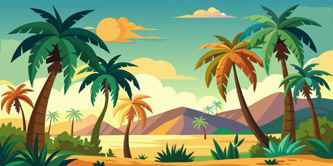 Fototapeta premium Vibrant tropical landscape with palm trees and mountains