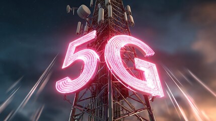 5G Communication Tower Illuminated with Red Light, Representing High-Speed Connectivity, Wireless Innovation, and Modern Telecommunication Technology