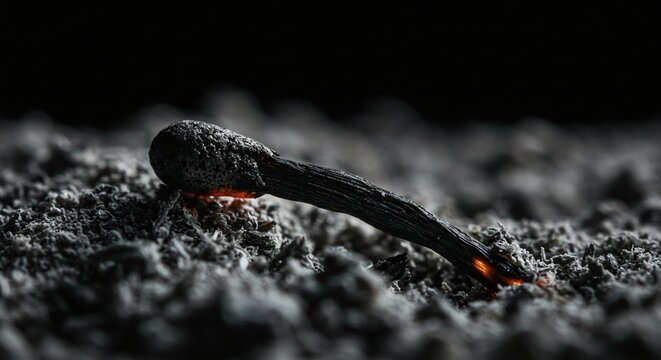 Burnt Match Still Glowing Embers Dark Ash Texture Close Up Fire Symbolism Concept Image