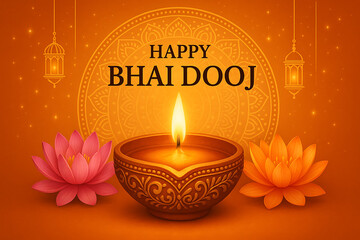 Happy bhai dooj festival greeting with an ornate diya lamp surrounded by pink and orange lotus flowers, set against a vibrant orange backdrop
