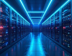 Server Room: A state-of-the-art server room, bathed in cool blue light, showcases rows of powerful servers, highlighting the backbone of modern data infrastructure.