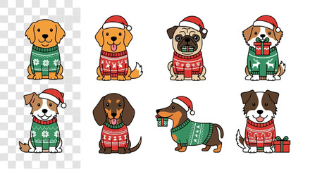charming collection of various dog breeds like pugs and dachshunds dressed in festive Christmas sweaters and Santa hats. Vector illustration character set